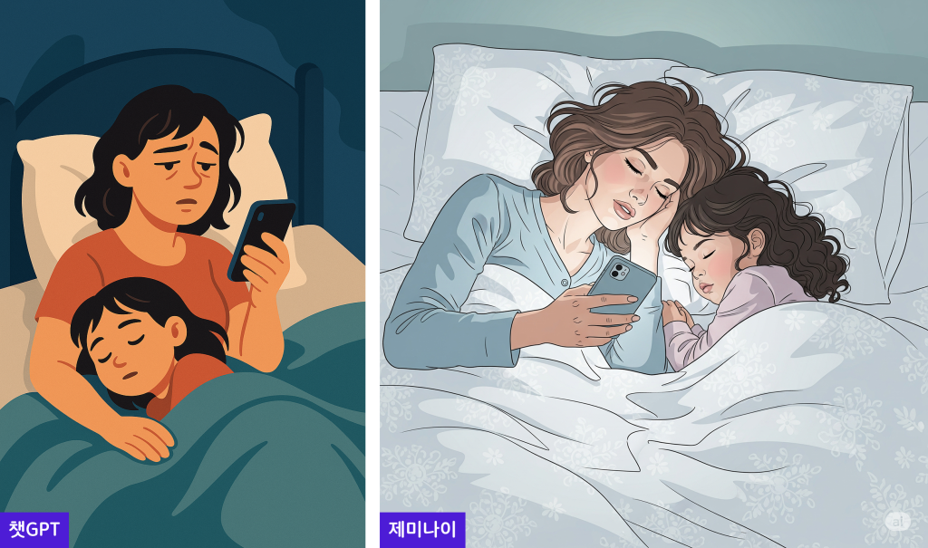 "그림으로 그려줘. 벡터 스타일. 침대에 엄마랑 딸이랑 같이 자고 있음. 엄마는 자다가 살짝 일어나서 핸드폰을 쳐다보고 있다. 아직 잠에서 덜 깬 모습." 프롬프트로 생성된 이미지 두 가지. 왼쪽은 챗GPT, 오른쪽은 제미나이.